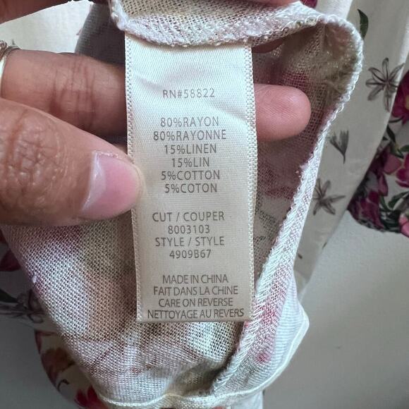 Max Studio Linen V-Neck Floral Printed Puff Sleeve Midi Dress Loose Fit Boho L - Picture 9 of 10